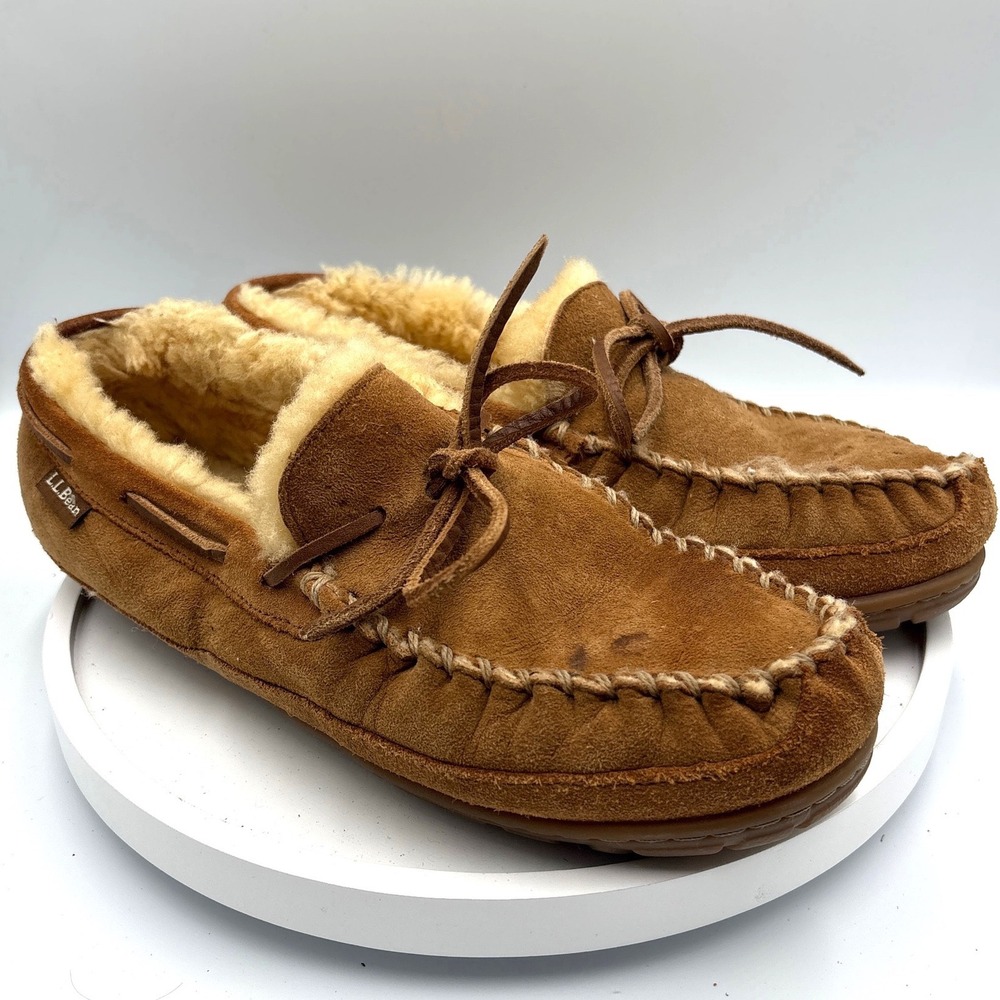 LL Bean Wicked Good Moccasins 10 Brown Cabin Core Suede Shearling Slippers